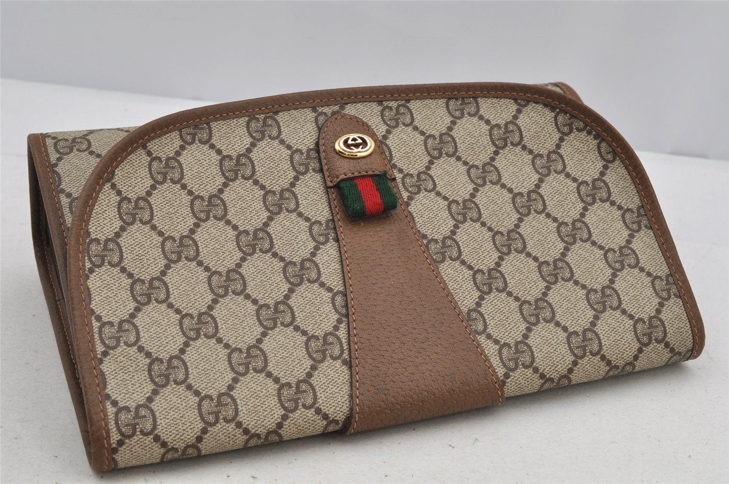 Authentic GUCCI Web Sherry Line Clutch Hand Bag Purse GG PVC Leather Brown 6555I