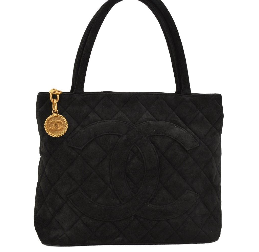 Authentic CHANEL Vintage Suede Medallion CC Logo Shoulder Tote Bag Black 6558I