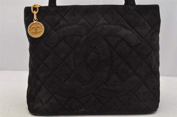 Authentic CHANEL Vintage Suede Medallion CC Logo Shoulder Tote Bag Black 6558I