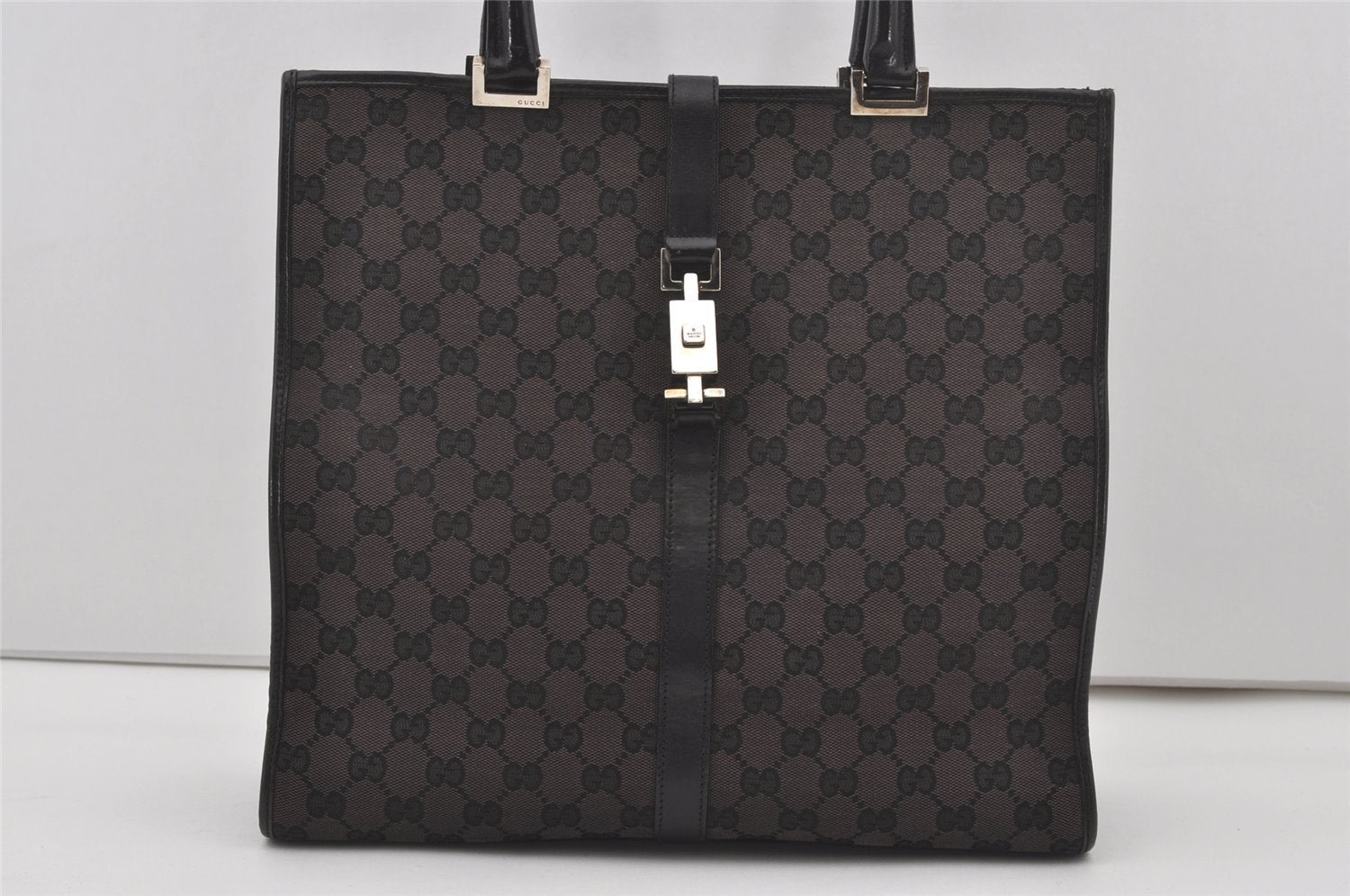 Authentic GUCCI Jackie Hand Tote Bag GG Canvas Leather 0021064 Black 6559I