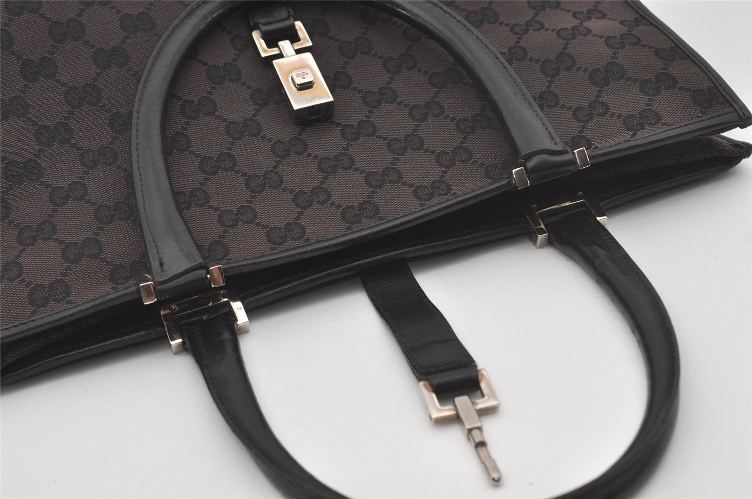 Authentic GUCCI Jackie Hand Tote Bag GG Canvas Leather 0021064 Black 6559I