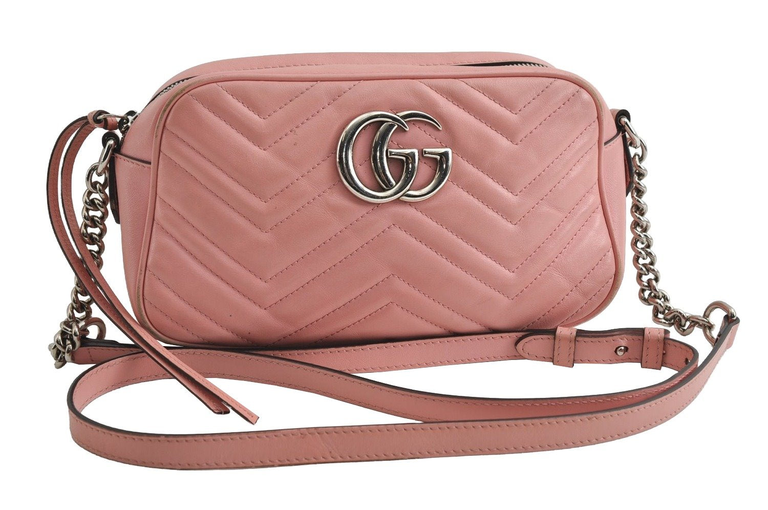 Authentic GUCCI GG Marmont Chain Shoulder Cross Bag Leather 447632 Pink 6560I