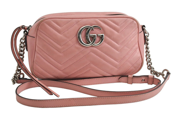 Authentic GUCCI GG Marmont Chain Shoulder Cross Bag Leather 447632 Pink 6560I