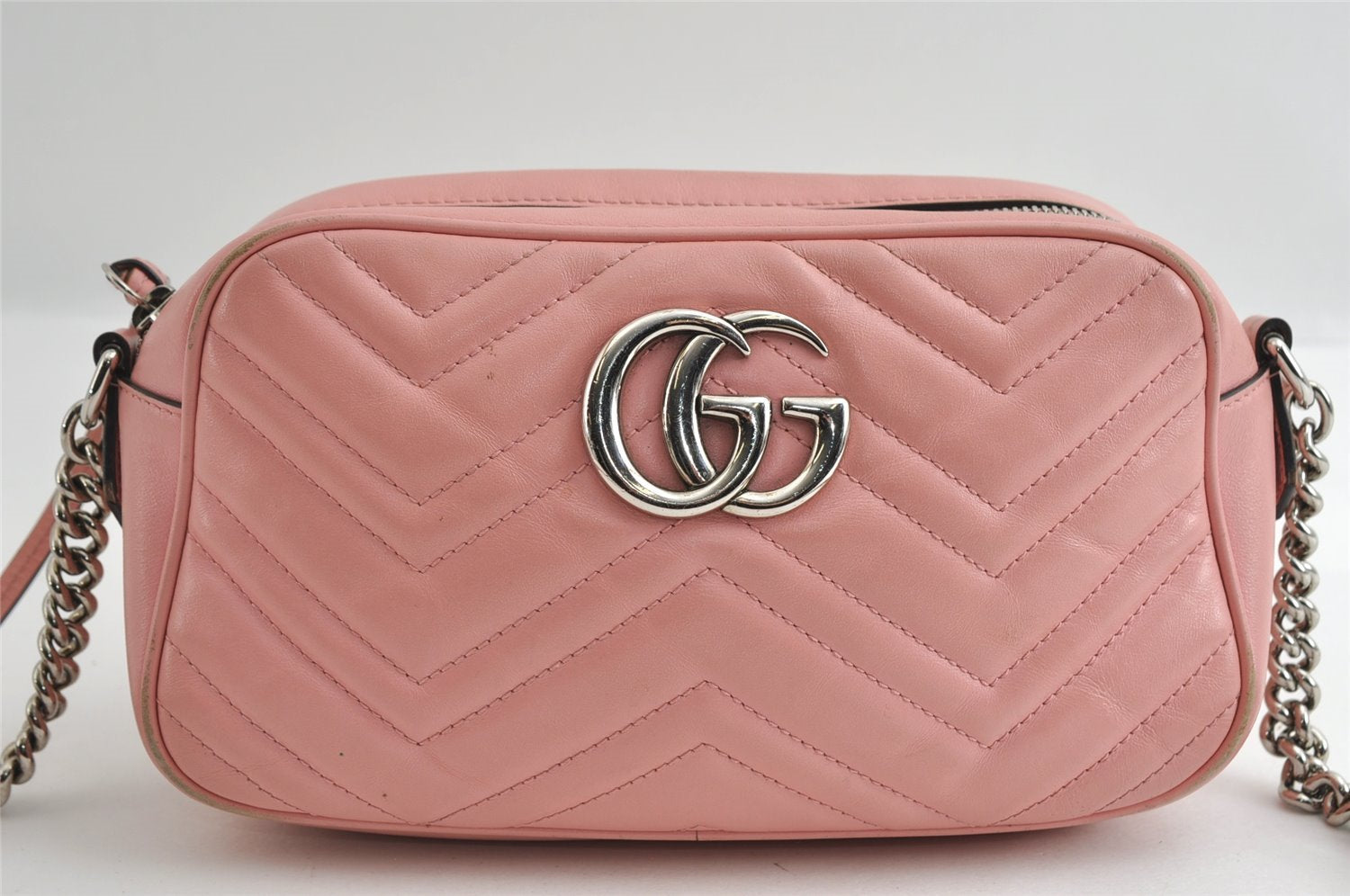 Authentic GUCCI GG Marmont Chain Shoulder Cross Bag Leather 447632 Pink 6560I