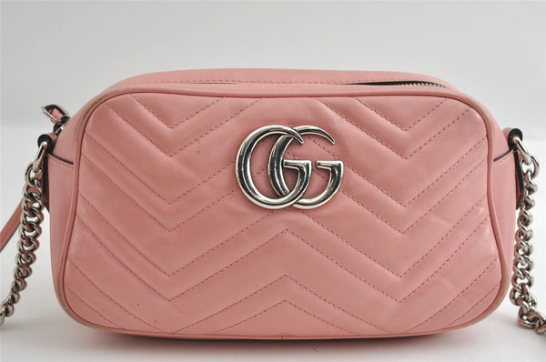 Authentic GUCCI GG Marmont Chain Shoulder Cross Bag Leather 447632 Pink 6560I