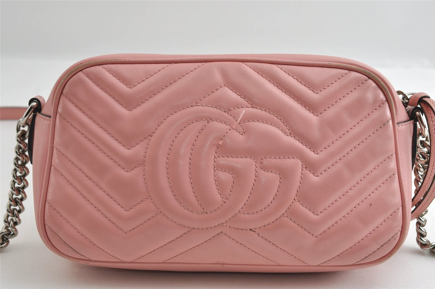 Authentic GUCCI GG Marmont Chain Shoulder Cross Bag Leather 447632 Pink 6560I