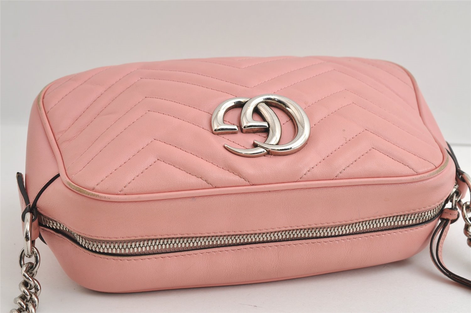 Authentic GUCCI GG Marmont Chain Shoulder Cross Bag Leather 447632 Pink 6560I