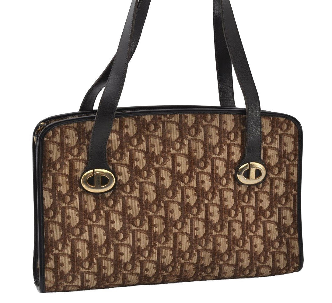 Authentic Christian Dior Trotter Hand Tote Bag Canvas Leather Brown 6576I