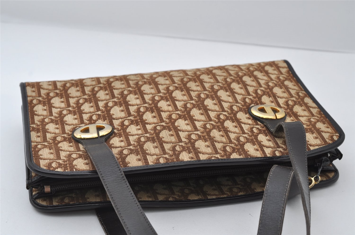 Authentic Christian Dior Trotter Hand Tote Bag Canvas Leather Brown 6576I