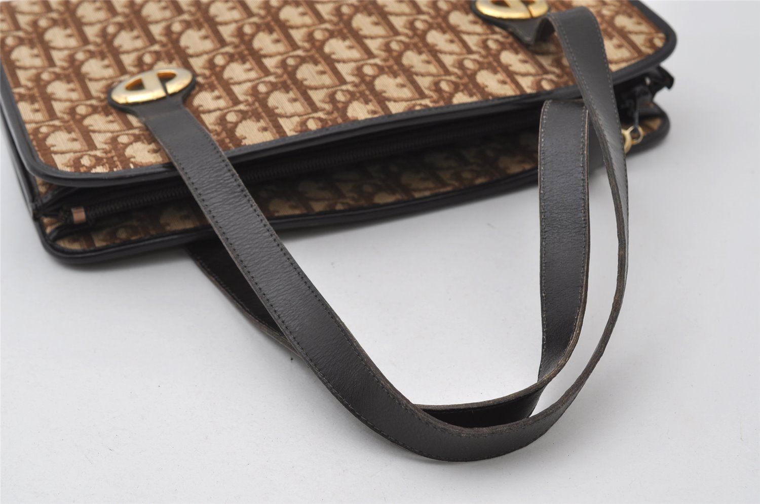 Authentic Christian Dior Trotter Hand Tote Bag Canvas Leather Brown 6576I