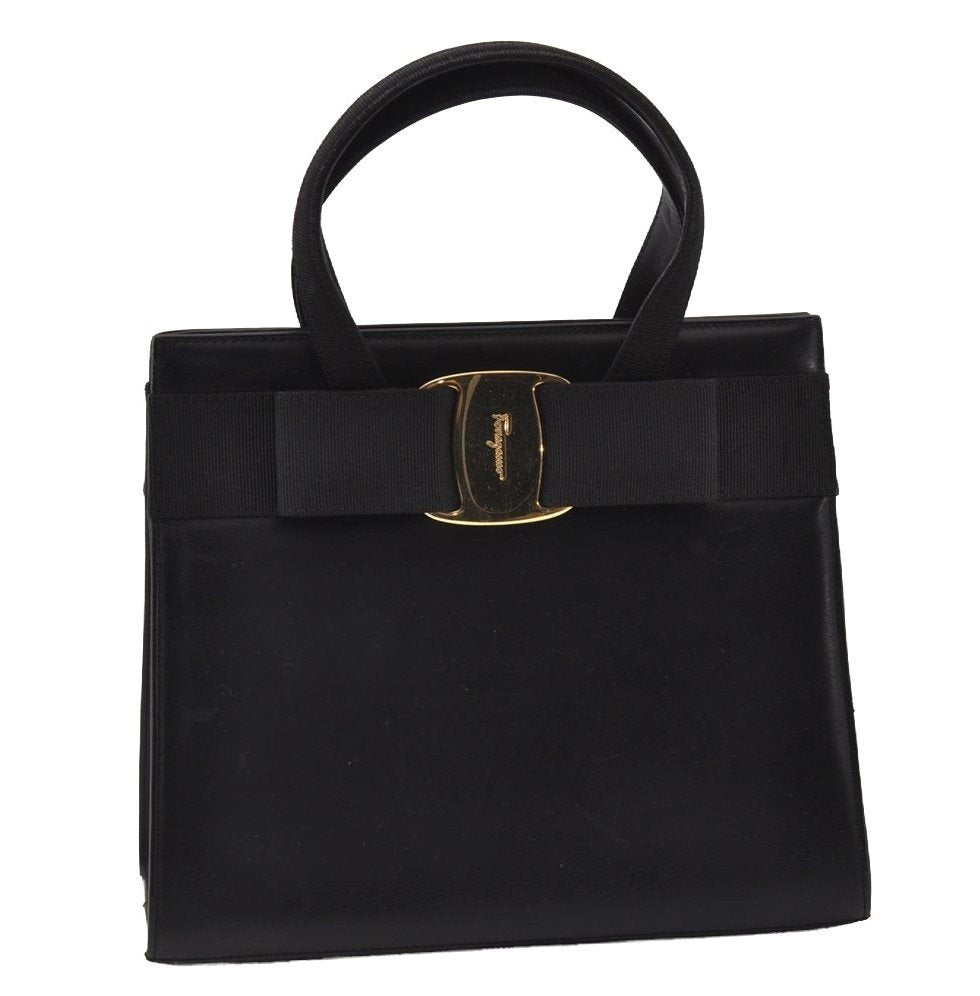 Authentic Salvatore Ferragamo Vara Ribbon Leather 2Way Hand Bag Black SF 6581I