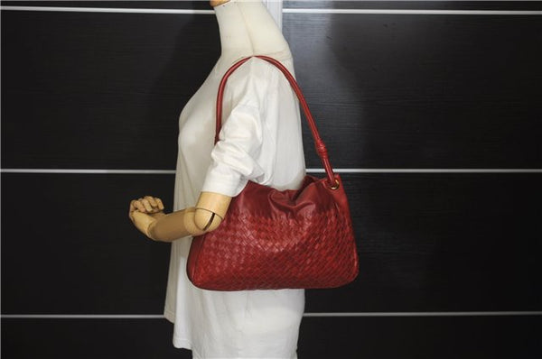 Authentic BOTTEGA VENETA Intrecciato Leather Shoulder Tote Bag Red 6589D