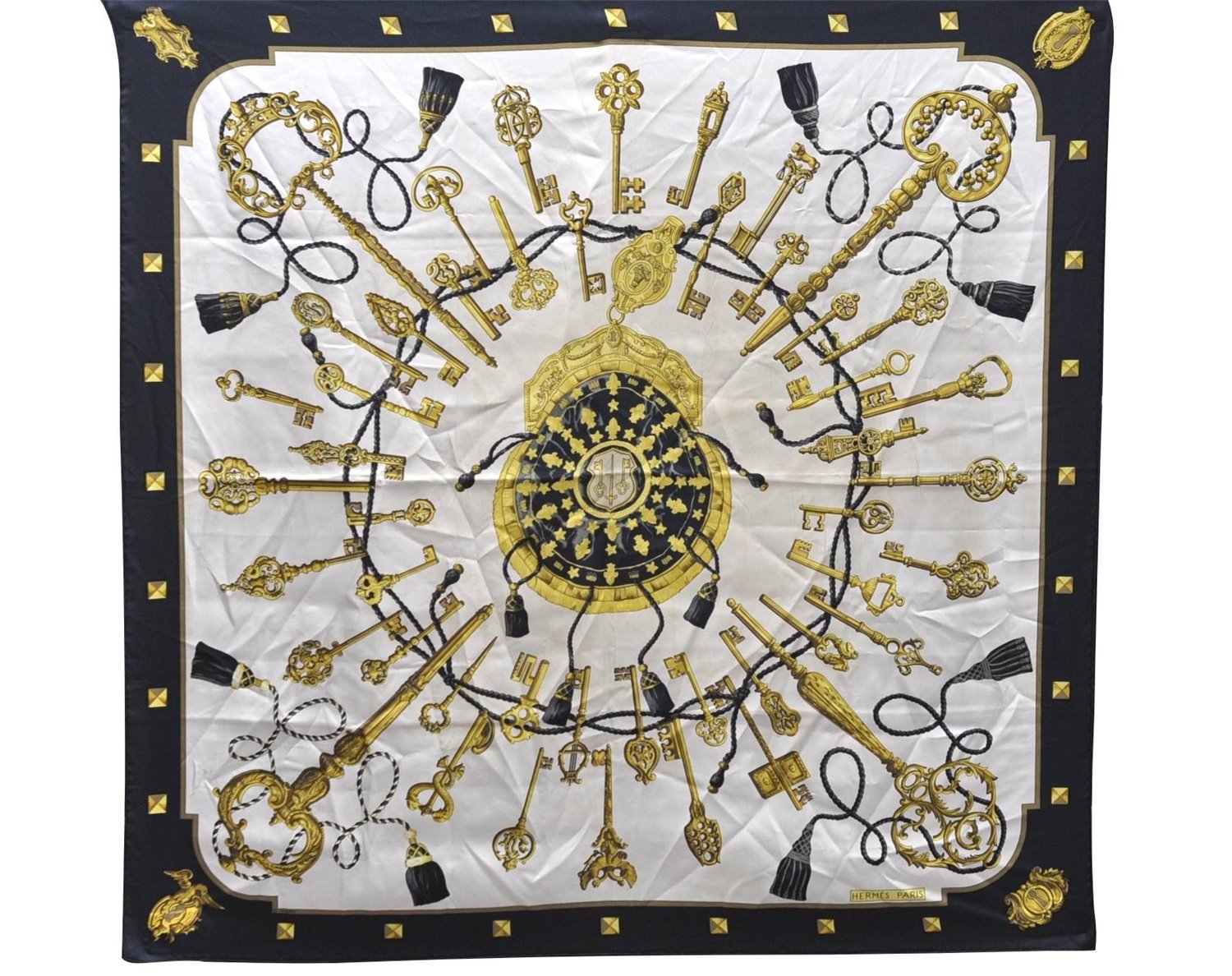 Authentic HERMES Carre 90 Scarf Key Tassel Motif Silk Black 6592C