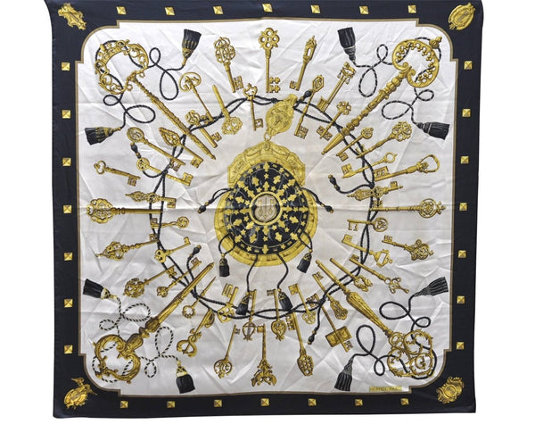 Authentic HERMES Carre 90 Scarf Key Tassel Motif Silk Black 6592C