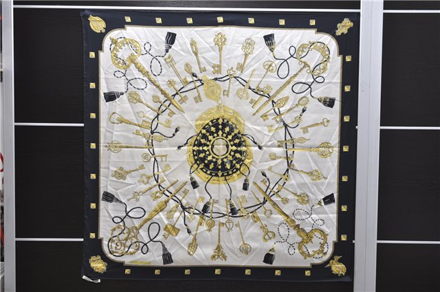 Authentic HERMES Carre 90 Scarf Key Tassel Motif Silk Black 6592C