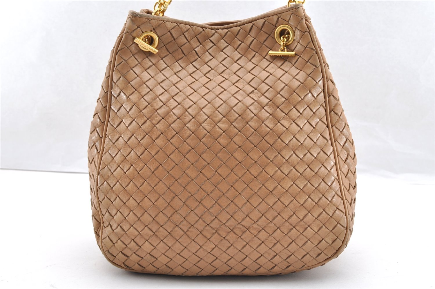 Authentic BOTTEGA VENETA Intrecciato Chain Leather Shoulder Bag Beige 6599I