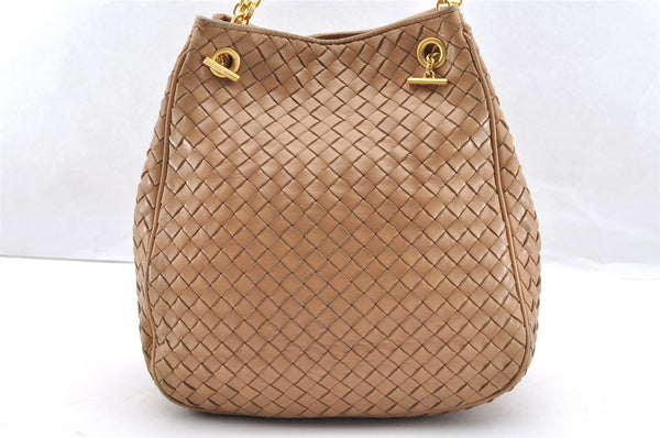 Authentic BOTTEGA VENETA Intrecciato Chain Leather Shoulder Bag Beige 6599I