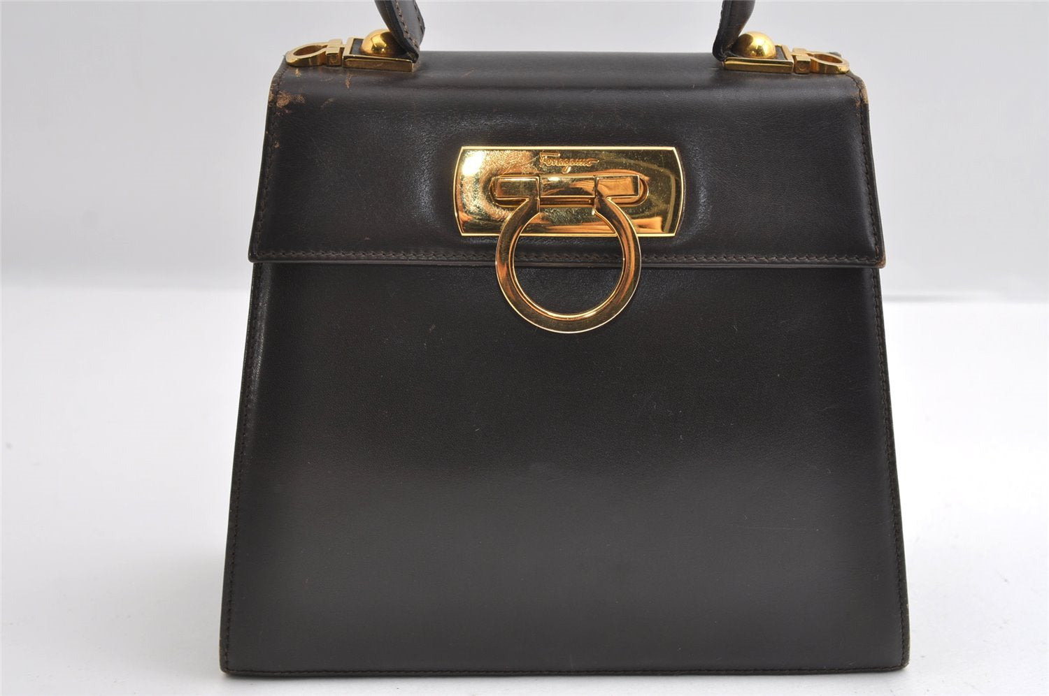 Authentic Salvatore Ferragamo Gancini Leather 2Way Shoulder Hand Bag Brown 6601I
