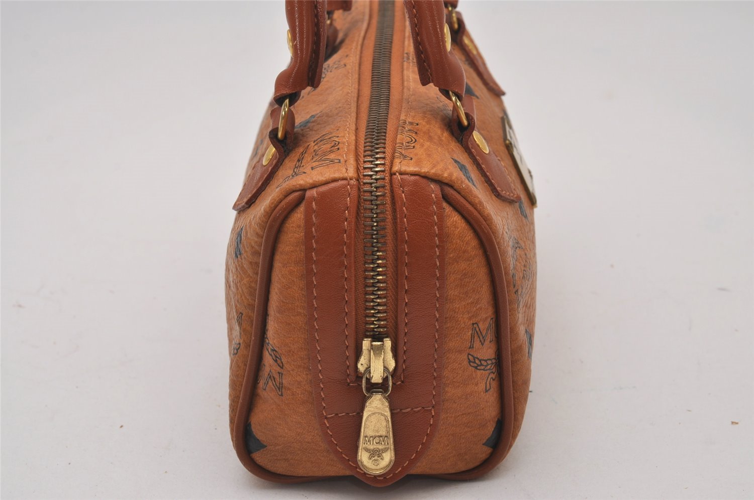 Authentic MCM Visetos Leather Vintage Hand Boston Bag Pouch Purse Brown 6604I