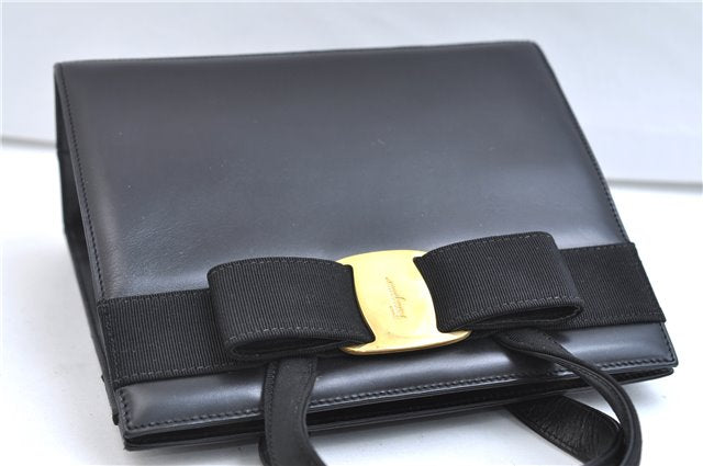 Authentic Salvatore Ferragamo Vintage Vara Ribbon Hand Bag Purse Black 6606E