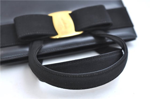 Authentic Salvatore Ferragamo Vintage Vara Ribbon Hand Bag Purse Black 6606E