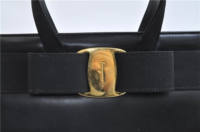 Authentic Salvatore Ferragamo Vintage Vara Ribbon Hand Bag Purse Black 6606E