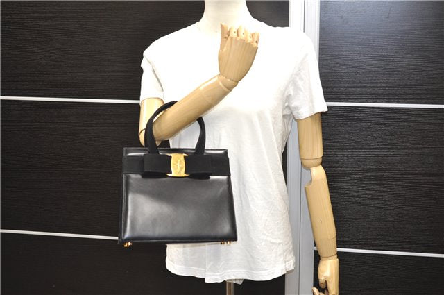 Authentic Salvatore Ferragamo Vintage Vara Ribbon Hand Bag Purse Black 6606E
