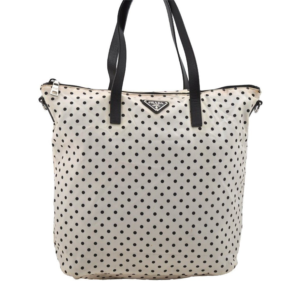 Authentic PRADA Dot Nylon Tessuto Saffiano Leather 2Way Tote Bag White 6606I