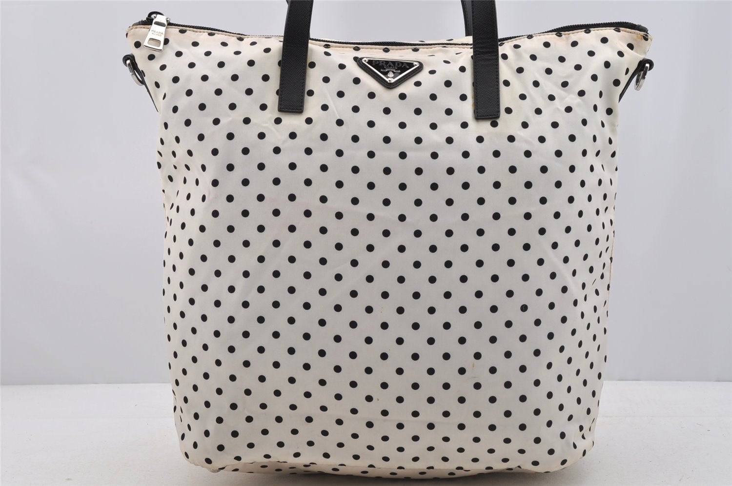 Authentic PRADA Dot Nylon Tessuto Saffiano Leather 2Way Tote Bag White 6606I