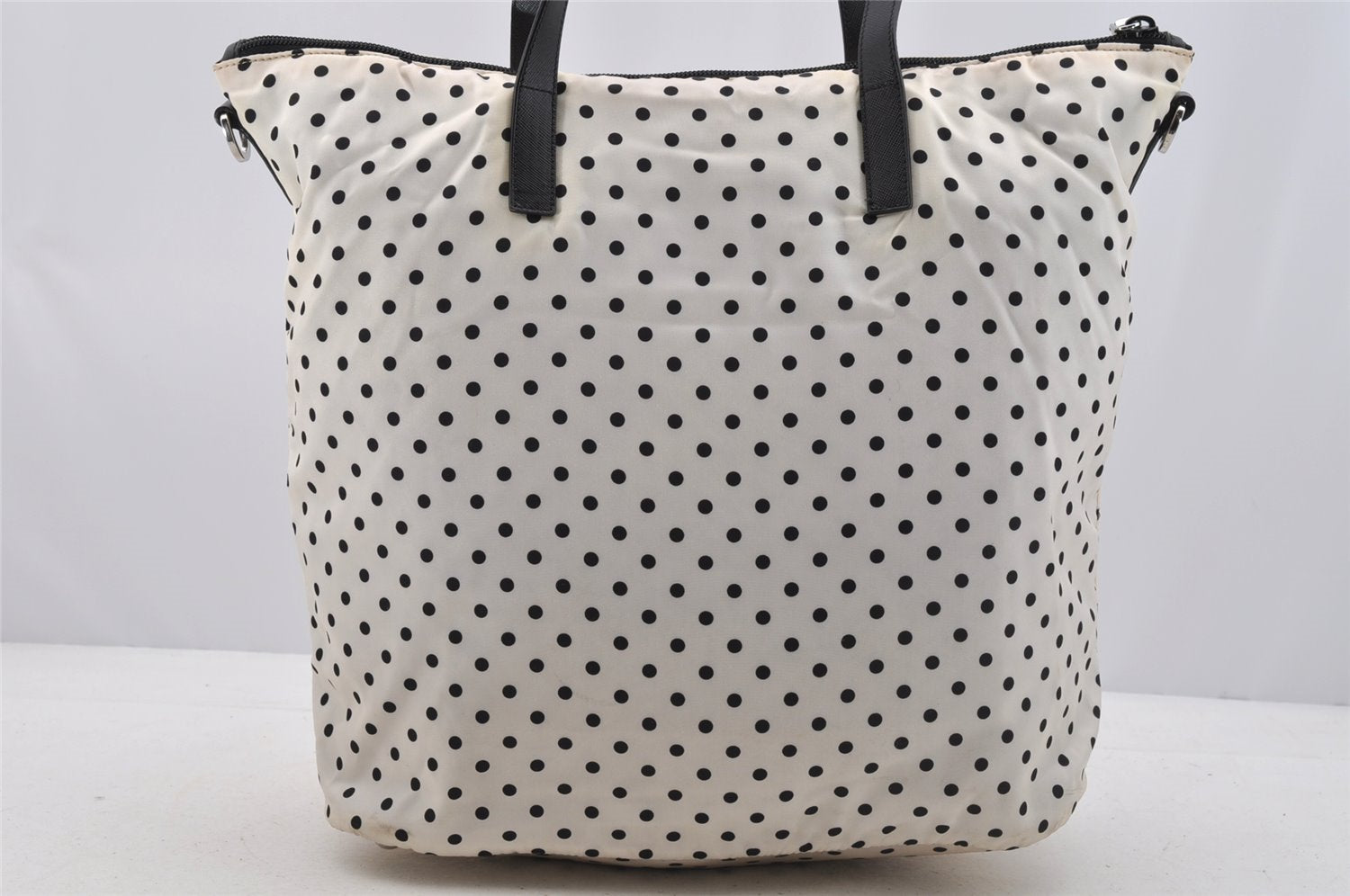 Authentic PRADA Dot Nylon Tessuto Saffiano Leather 2Way Tote Bag White 6606I