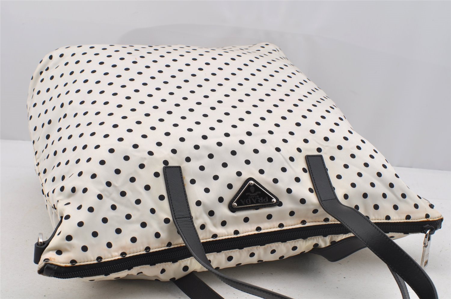 Authentic PRADA Dot Nylon Tessuto Saffiano Leather 2Way Tote Bag White 6606I