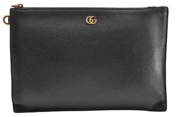Authentic GUCCI GG Marmont Clutch Hand Bag Purse Leather 475317 Black 6609I