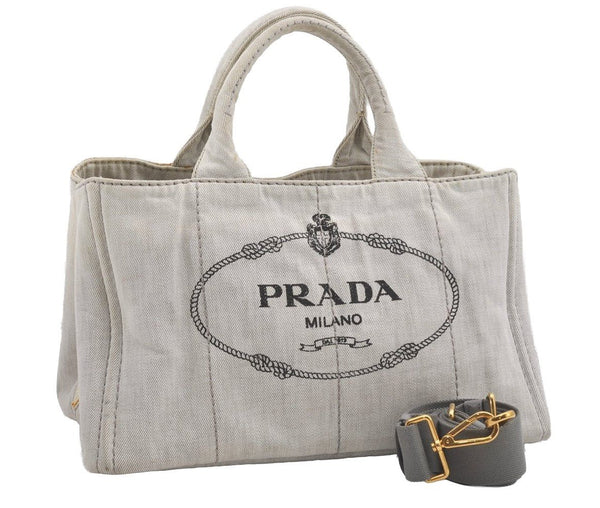 Authentic PRADA Vintage Canapa M Denim 2Way Shoulder Hand Bag White 6622I