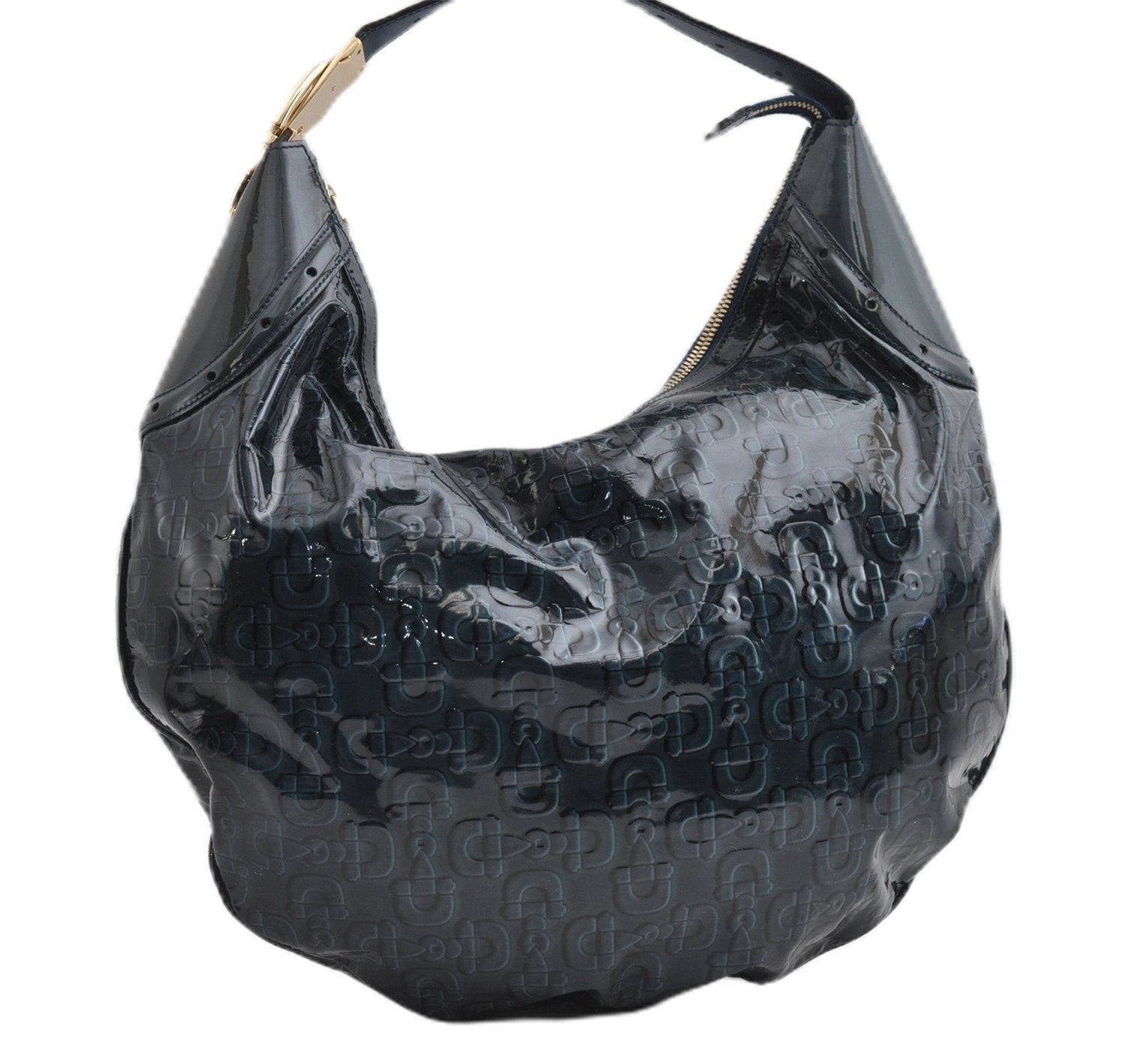 Authentic GUCCI Shoulder Bag Horsebit Motif Enamel Leather 145764 Green 6628F