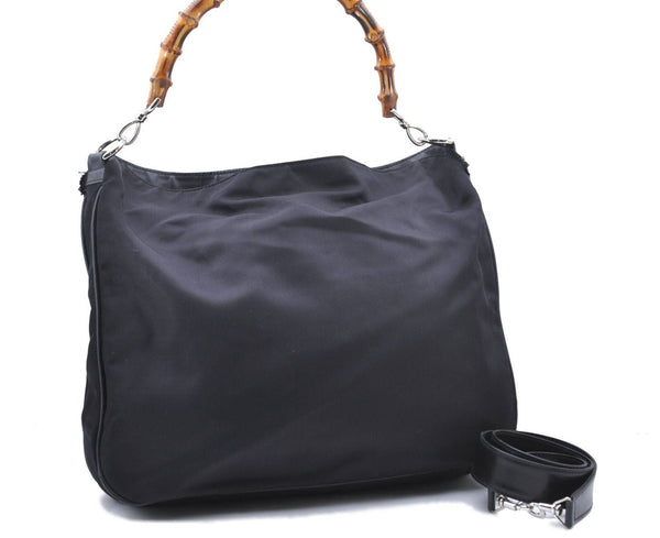 Authentic GUCCI Bamboo 2Way Shoulder Hand Bag Purse Nylon Leather Black 6638B