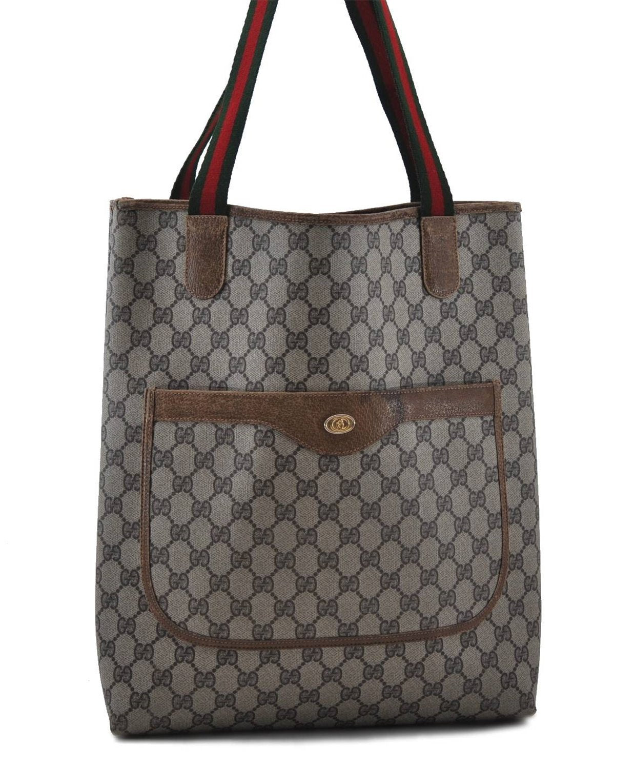 Authentic GUCCI Web Sherry Line Shoulder Tote Bag PVC Leather Brown 6641C