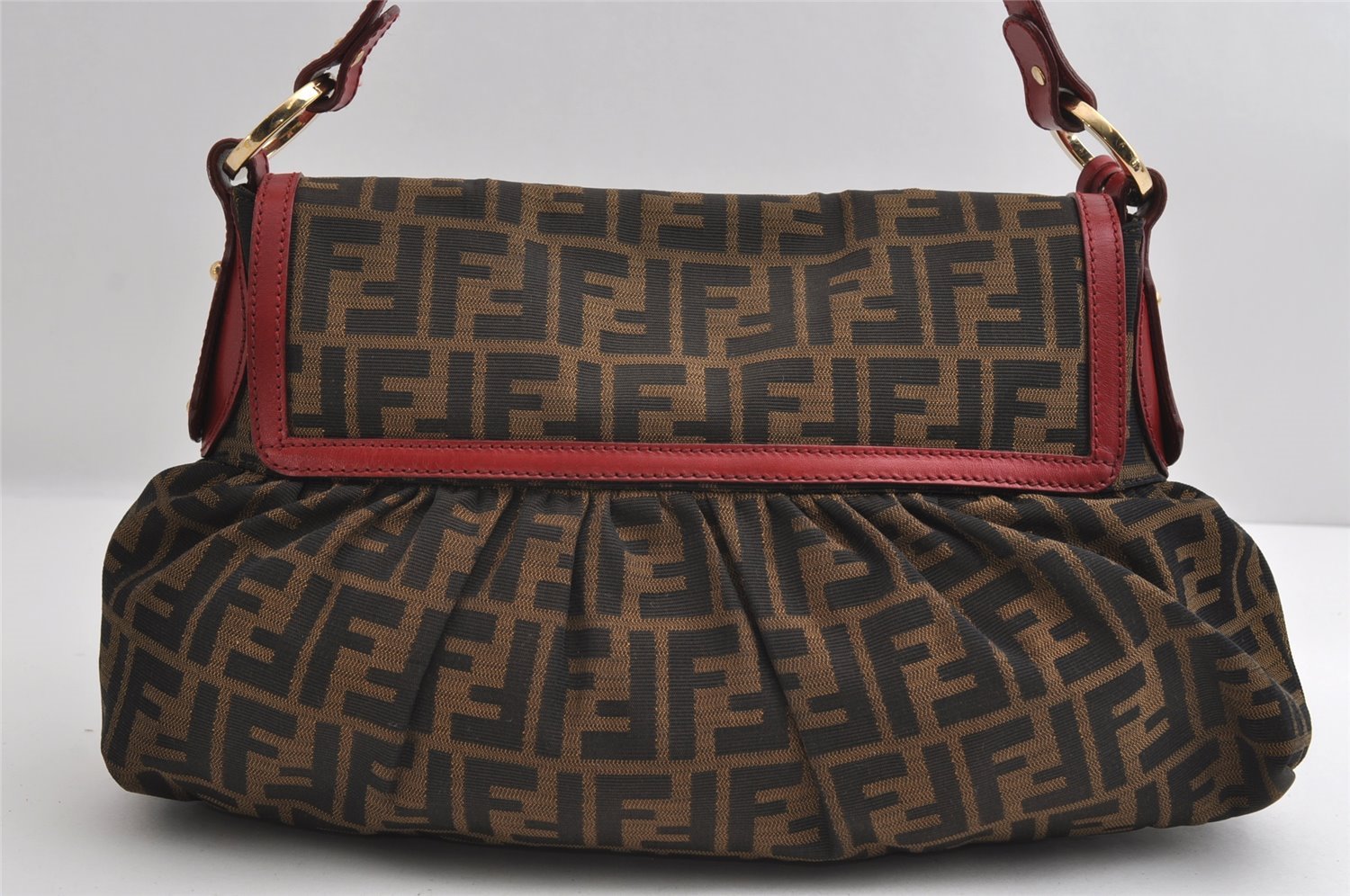 Authentic FENDI Zucca Chef Bag Shoulder Tote Bag Canvas Leather Brown Red 6643I