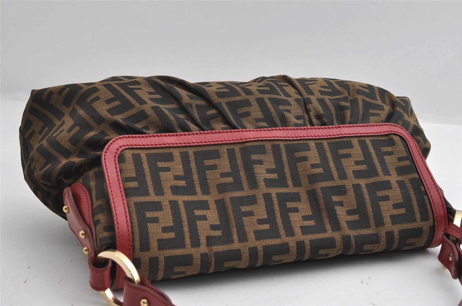 Authentic FENDI Zucca Chef Bag Shoulder Tote Bag Canvas Leather Brown Red 6643I