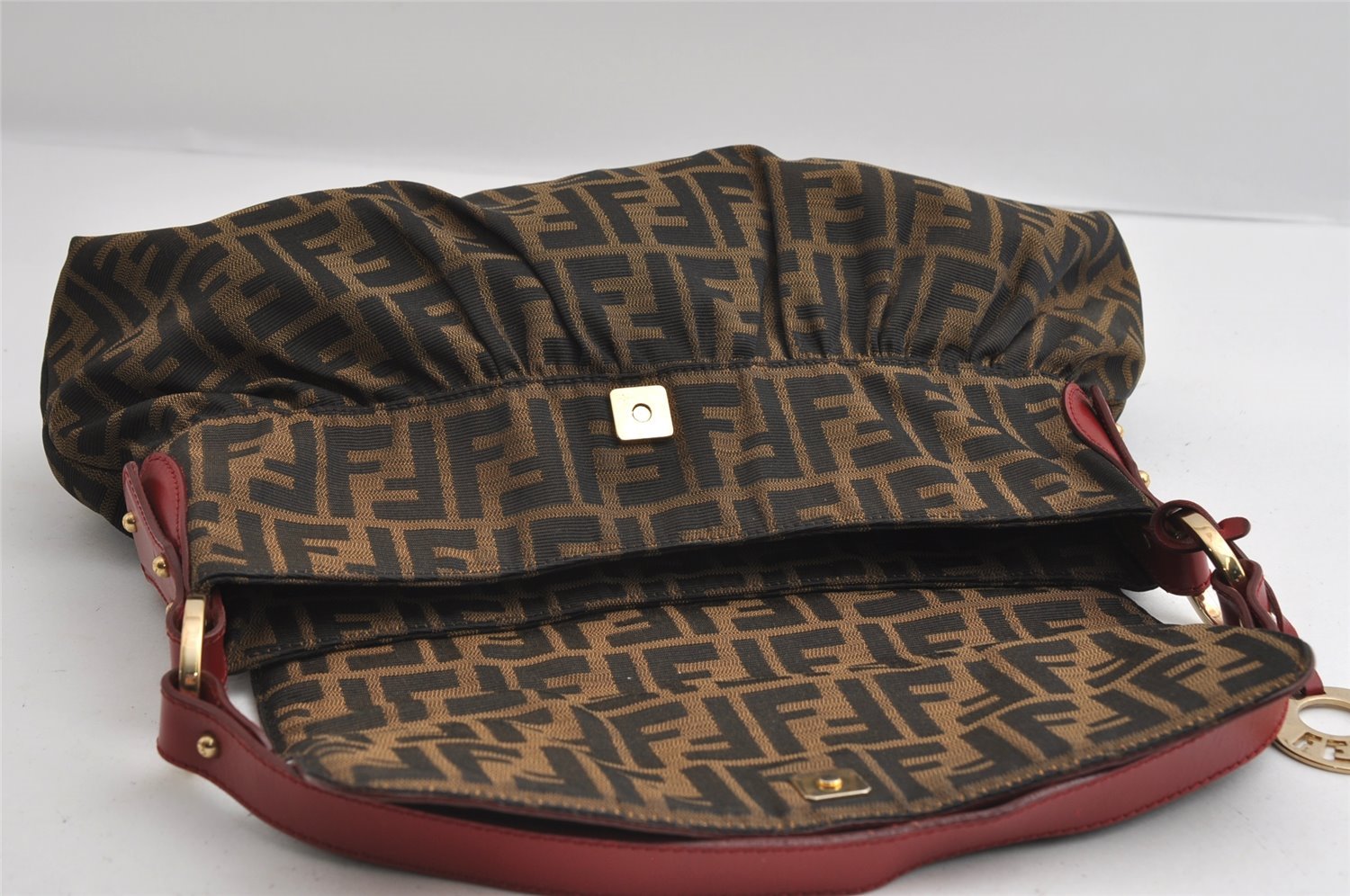 Authentic FENDI Zucca Chef Bag Shoulder Tote Bag Canvas Leather Brown Red 6643I
