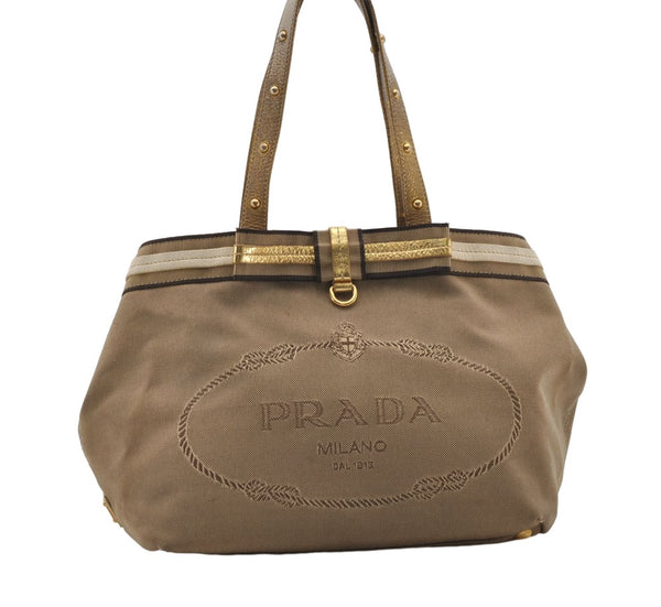 Authentic PRADA Jacquard Canvas Leather Logo Shoulder Hand Bag Brown 6646D