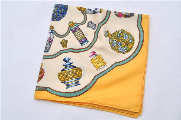 Auth HERMES Petit Carre 40 Scarf Handkerchief "Qu' importe" Silk Yellow 6651E