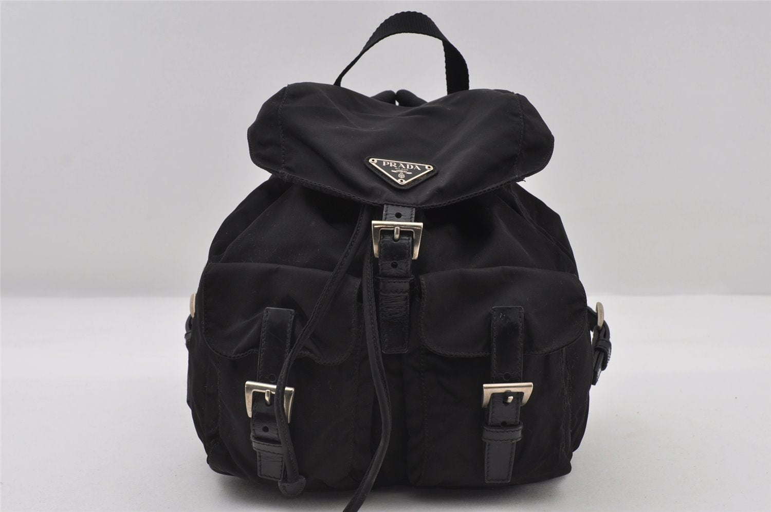 Authentic PRADA Vela Nylon Tessuto Leather Drawstring Backpack B6677 Black 6658I