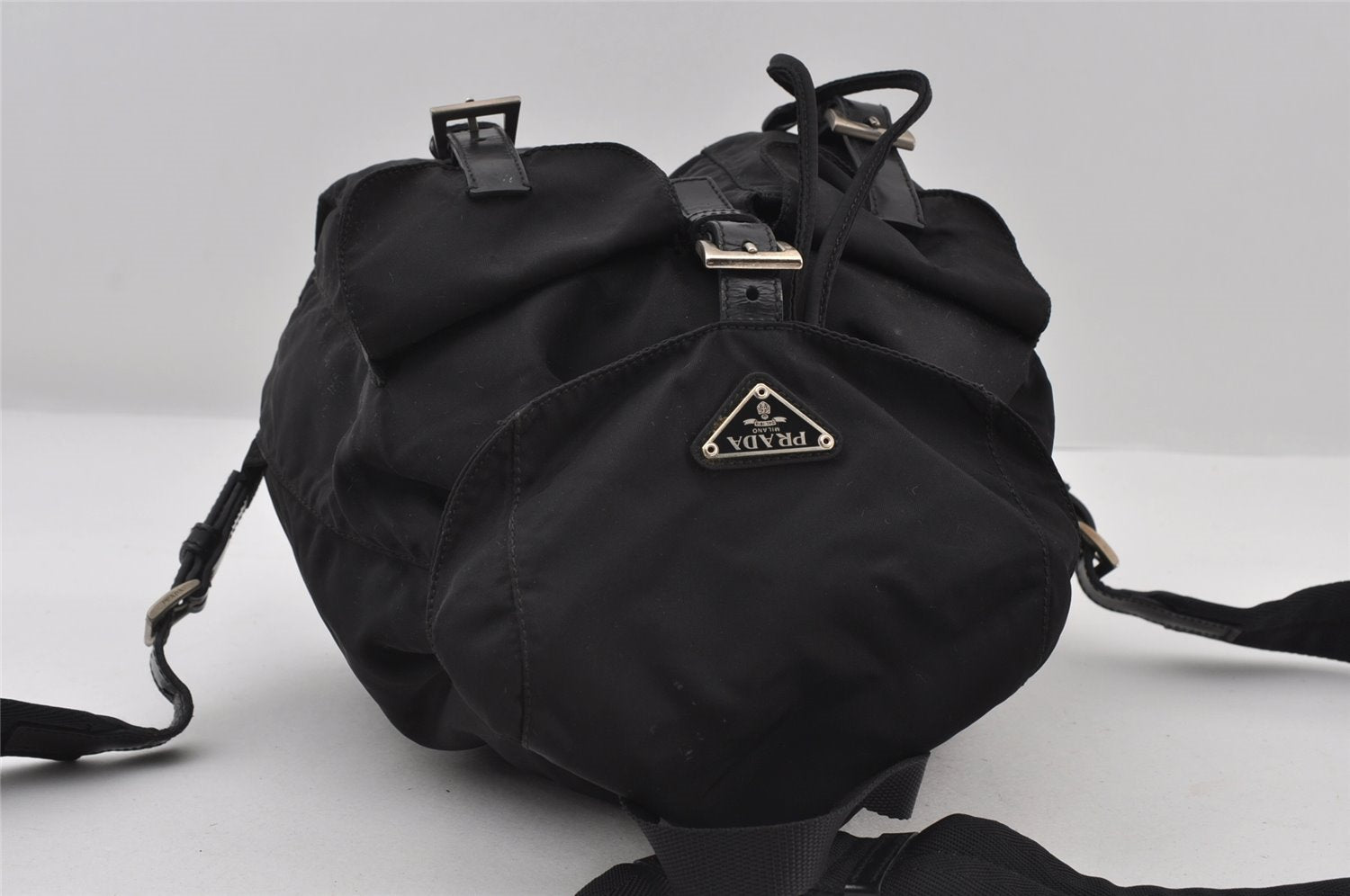 Authentic PRADA Vela Nylon Tessuto Leather Drawstring Backpack B6677 Black 6658I