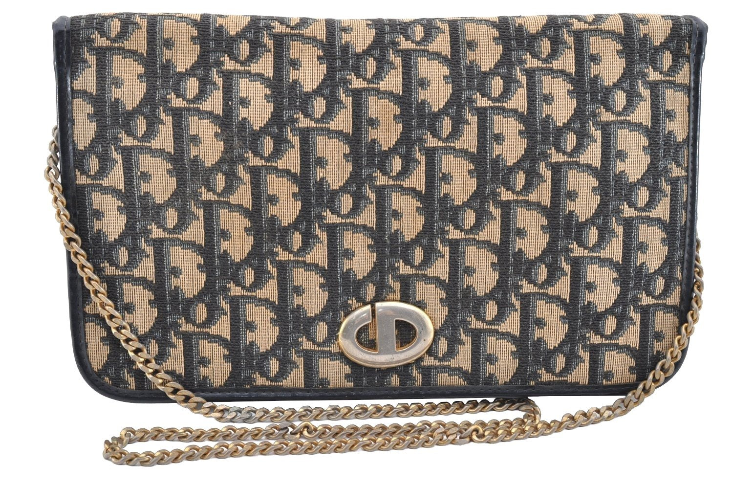 Authentic Christian Dior Trotter Chain Hand Bag Purse Canvas Leather Blue 6661I