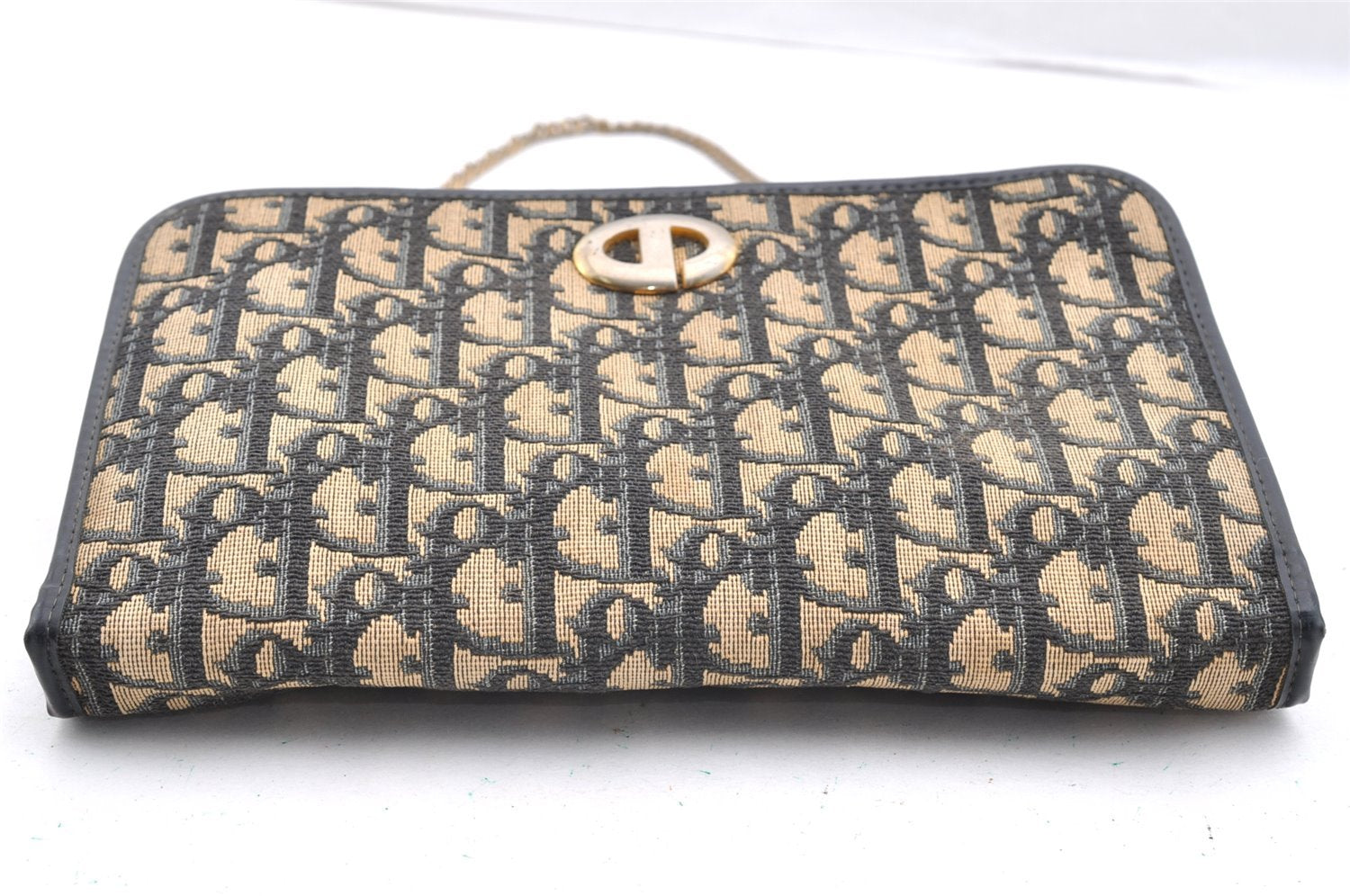 Authentic Christian Dior Trotter Chain Hand Bag Purse Canvas Leather Blue 6661I