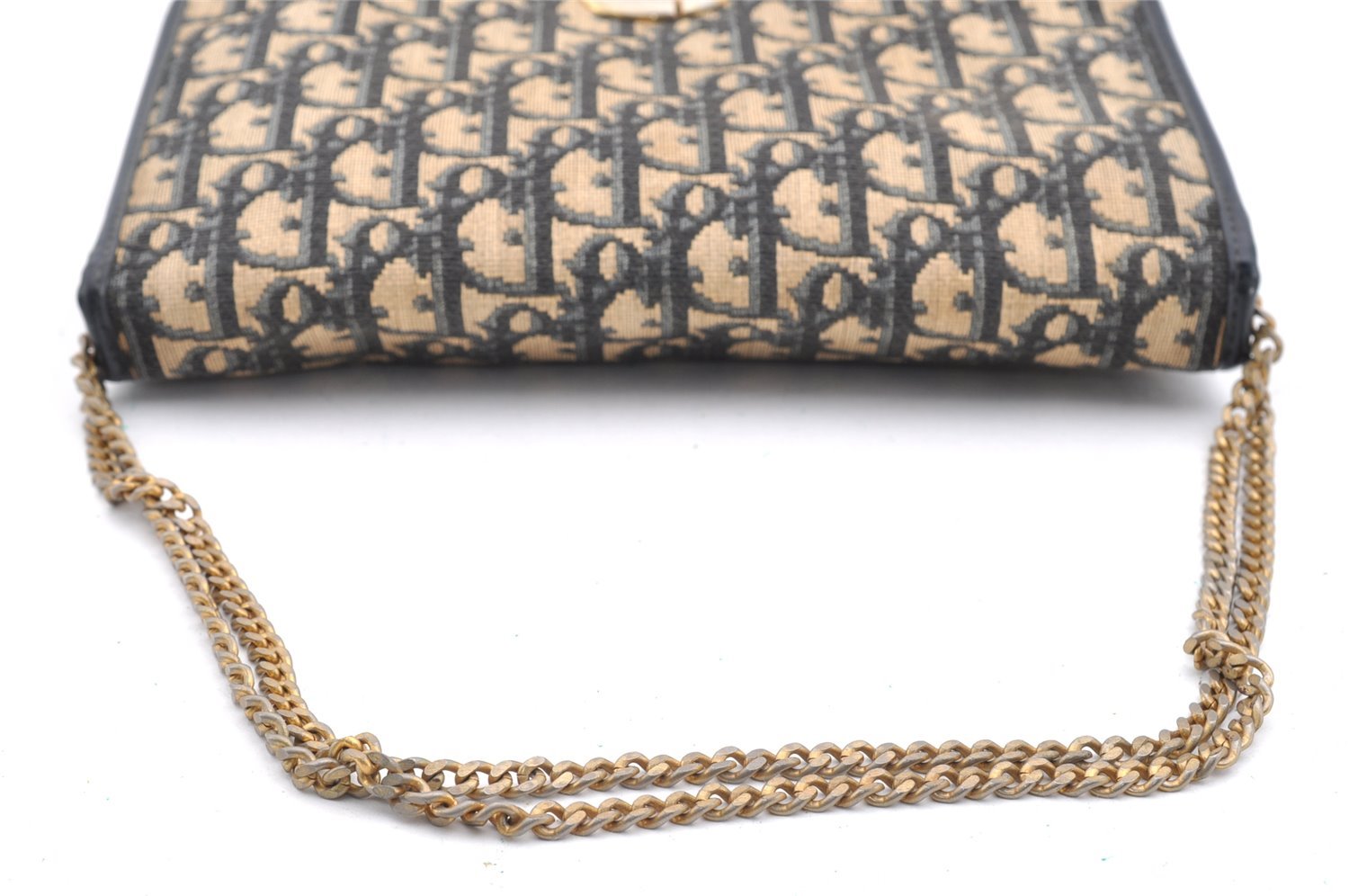 Authentic Christian Dior Trotter Chain Hand Bag Purse Canvas Leather Blue 6661I