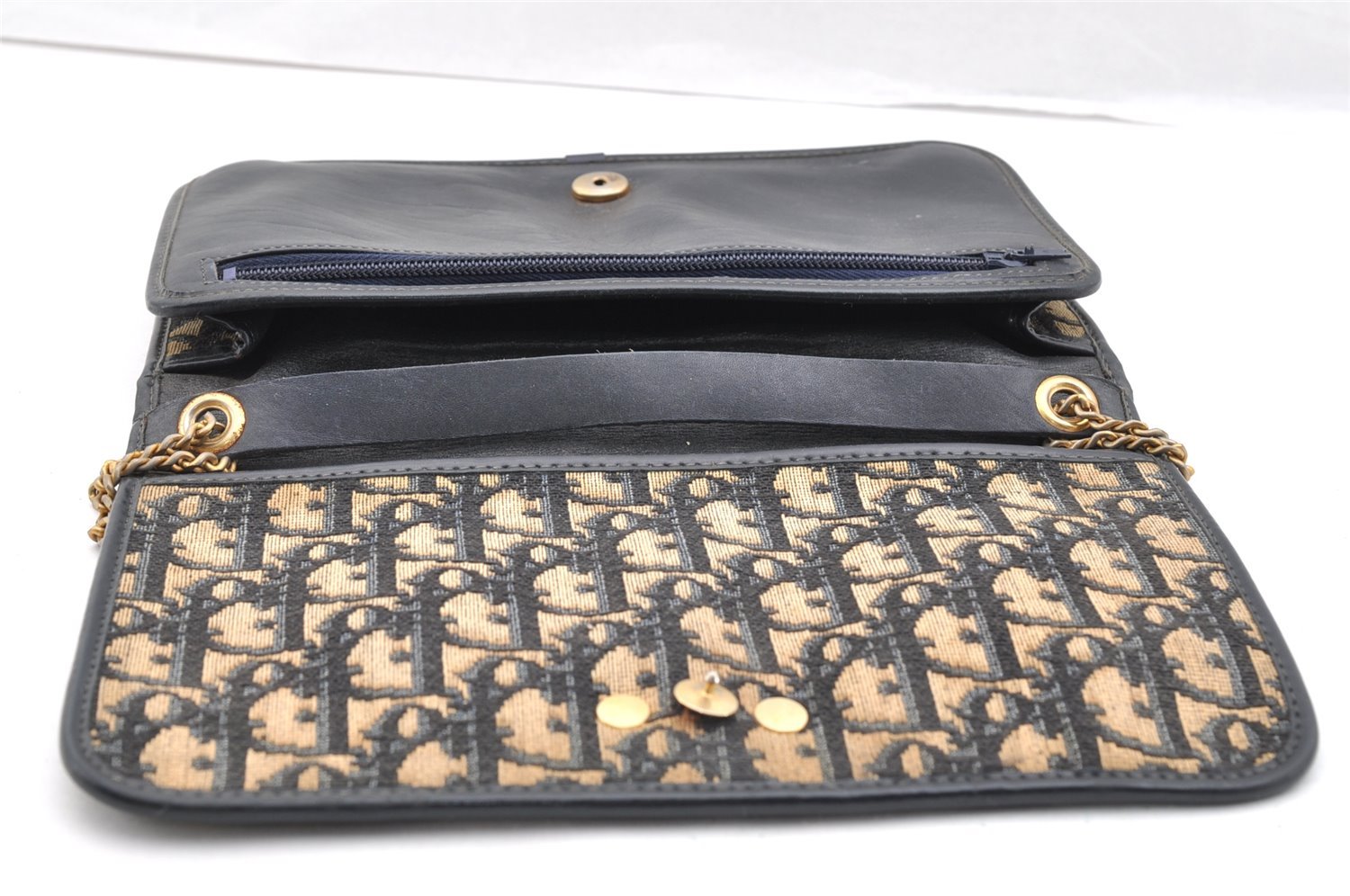 Authentic Christian Dior Trotter Chain Hand Bag Purse Canvas Leather Blue 6661I