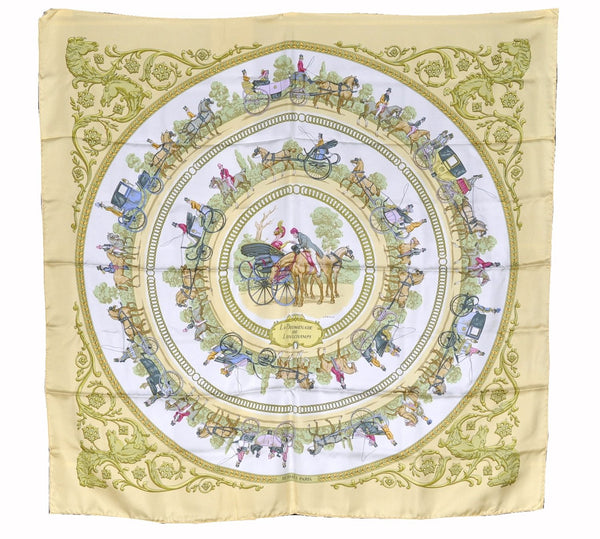 Authentic HERMES Carre 90 Scarf "LA PROMENADE DE LONGCHAMPS" Silk Yellow 6664F