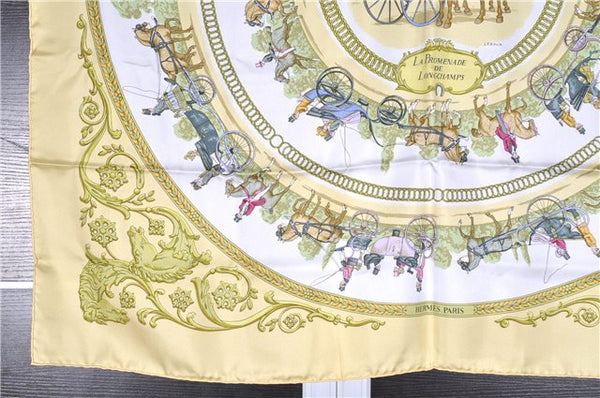 Authentic HERMES Carre 90 Scarf "LA PROMENADE DE LONGCHAMPS" Silk Yellow 6664F