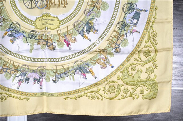 Authentic HERMES Carre 90 Scarf "LA PROMENADE DE LONGCHAMPS" Silk Yellow 6664F